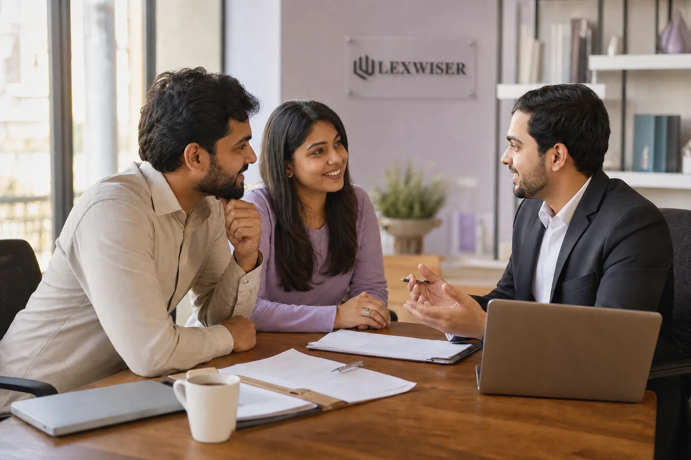 A startup lawyer in India advising two startup founders during a legal consultation at LexWiser